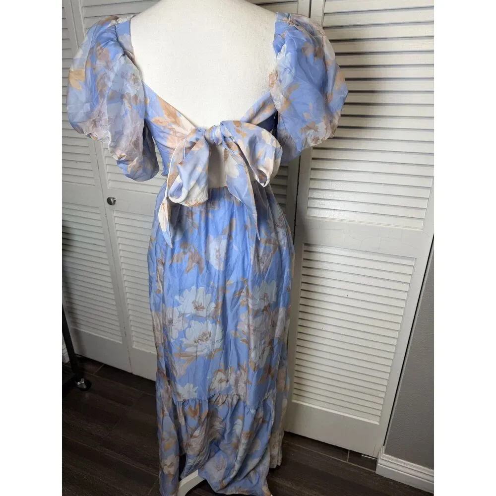 Abercrombie & Fitch Emerson Drama Bow Back Maxi Dress In Blue Floral Size MP